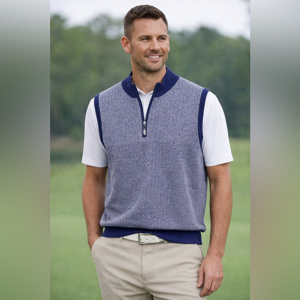 Bobby Jones Merino Wool Blue Herringbone 1/4 Zip Golf Sweater Vest Men’s L